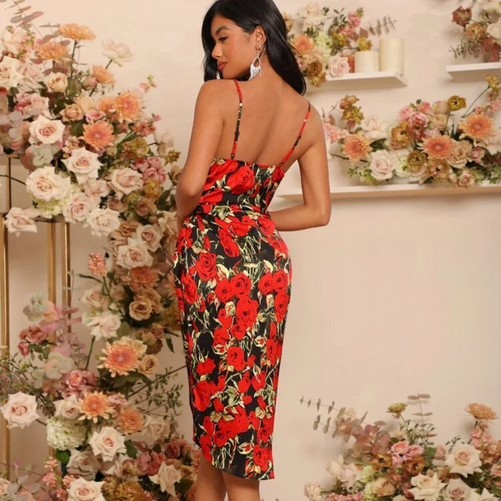 Floral print dress draped neckline spaghetti straps faux wrap Sizes M/XL NEW